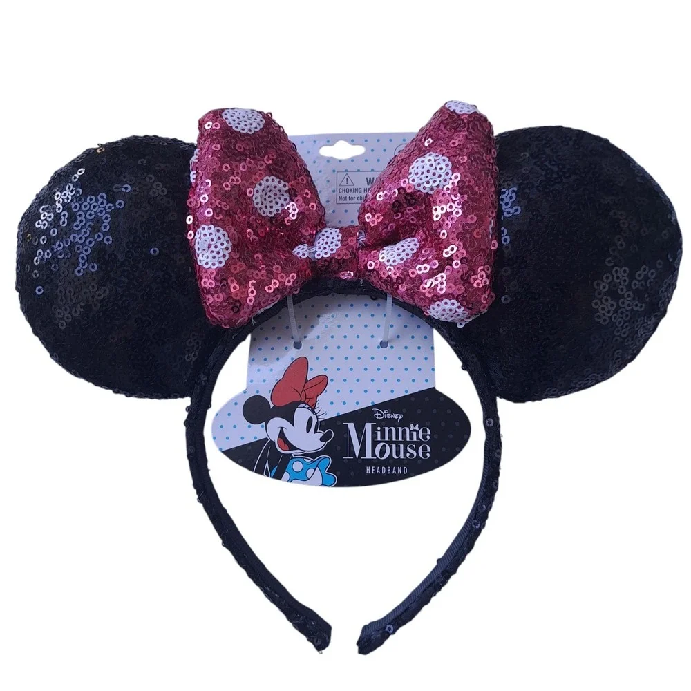 Disney Girls Mini Mouse Ears‎ Sequined Head Band W/ Pink Sequined Bow